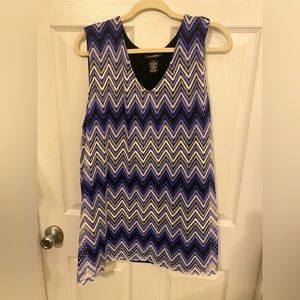 Sleeveless shirt, woven: purple, black, silver metallic. Plus size!